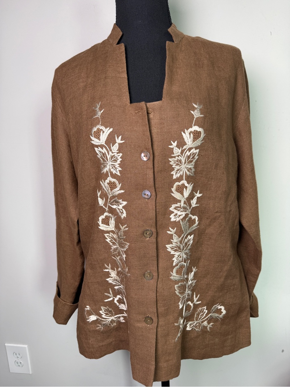 Cỏ Hanoi Boutique Hand Embroidered Linen Jacket Floral Sz XL